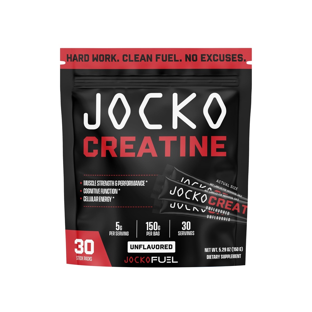 Jocko Fuel Creatine Stick Packs - Creatine Monohydrate Powder Travel Packs για άνδρες και γυναίκες, Συμπλήρωμα για την αθλητική απόδοση & μυϊκή υγεία, 30 εξυπηρετούν 150g (Άγευστη)