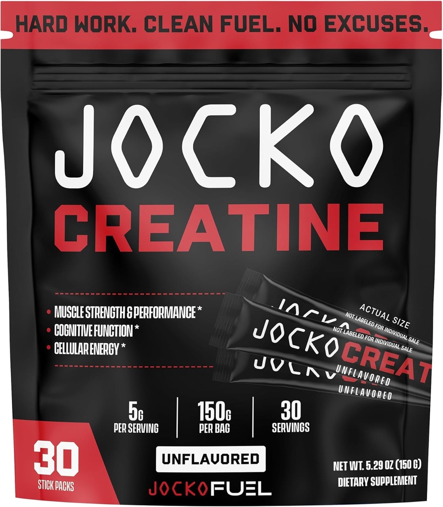 Jocko Fuel Creatine Stick Packs - Creatine Monohydrate Powder Travel Packs για άνδρες και γυναίκες, Συμπλήρωμα για την αθλητική απόδοση & μυϊκή υγεία, 30 εξυπηρετούν 150g (Άγευστη)