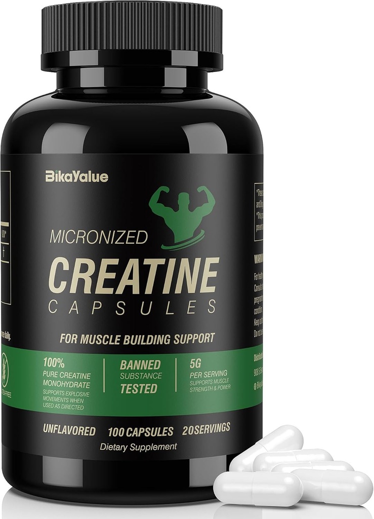 Micronized Creatine Monohydrate Κάψουλες, Κάψουλες Creatine Συμπλήρωμα για τους μυς, τη δύναμη, την απόδοση, την ενέργεια, την ανάκτηση, Gluten Free Creatine για γυναίκες και άνδρες, 100Κάψουλες (20 εξυπηρετούν)