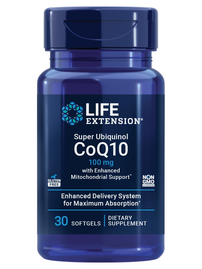 Επέκταση ζωής Super Ubiquinol CoQ10 με ενισχυμένη Μιτοχονδριακή ΥποστήριξηTM, συμπλήρωμα υγείας καρδιάς, μέγιστη απορρόφηση, 100 mg, μη ΓΤΟ, χωρίς γλουτένη, 30 softgels