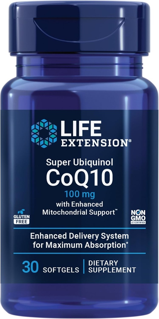Επέκταση ζωής Super Ubiquinol CoQ10 με ενισχυμένη Μιτοχονδριακή ΥποστήριξηTM, συμπλήρωμα υγείας καρδιάς, μέγιστη απορρόφηση, 100 mg, μη ΓΤΟ, χωρίς γλουτένη, 30 softgels