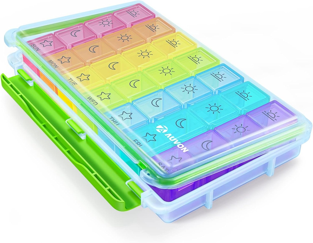 AUVON iMedassist Moisture-Proof Weekly Pill Organizer 4 Times a Day, Large 7 Day Pill Box Portable for Travel with Removable Individual Pill Containers to Hold Vitamins, Supplements and Medication