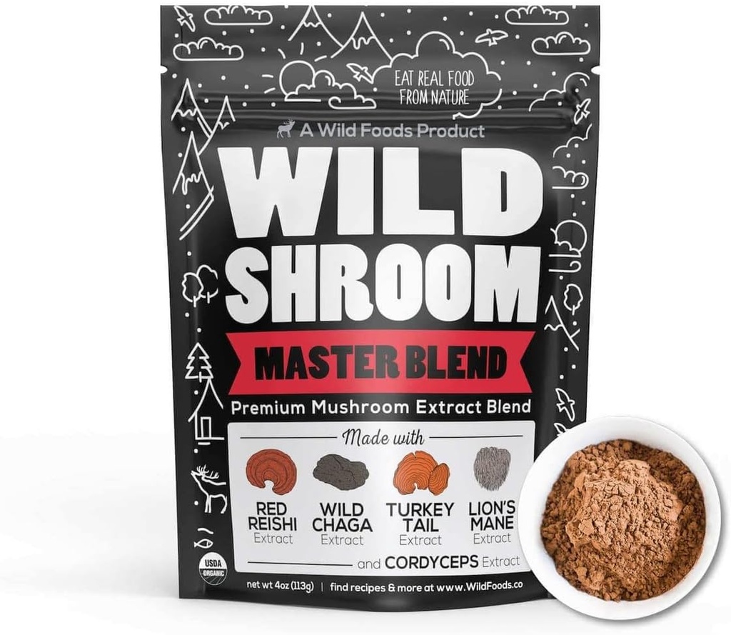 Wild Foods Wild Mushroom Blend-Supercharged Reishi, Chaga, Cordyceps, Turkey Tail and Lion’s Mane - 4Oz Pack- Προσαρμοσμένη μείωση του στρες για αυξημένη νοητική καθαρότητα-Notropic υγρό μείγμα για καφέ