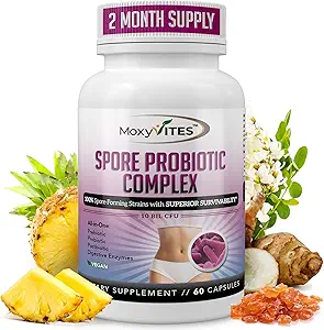 MoxyVites Spore Probiotic Complex - Όλα σε ένα προβιοτικά και προβιοτικά για Digestive Υγεία, μεταβιοτικά, Digestive Ένζυμα Καθημερινή Συμπλήρωμα - Spore Based Probiotic για γυναίκες & άνδρες