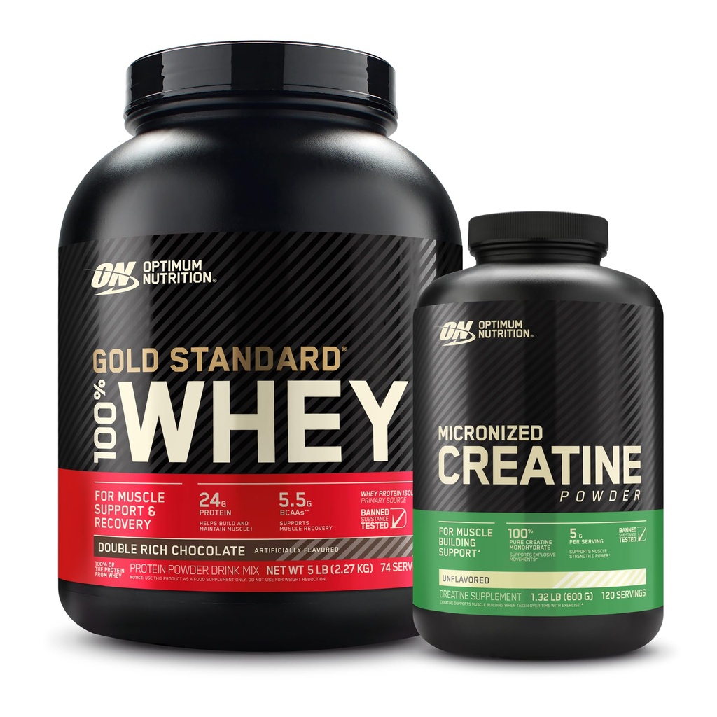 Optimum Nutrition 100% Gold Standard Whey Protein Powder: Διπλή πλούσια σοκολάτα (5 Λίρες) με Micronized Creatine Monohydrate Powder, Unflavoured (120 Servings) - Bundle Pack