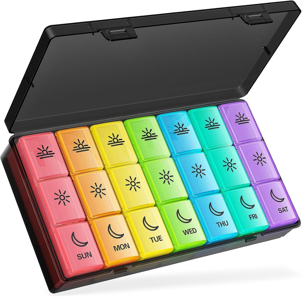 BUG HULL Pill Organizer 3 φορές την ημέρα, Μεγάλη Εβδομαδιαία Ιατρική Pill Organizer 3X την ημέρα, 7 Day Pill Box Θήκες Πρωινή Noon Βράδυ για βιταμίνη, Cod-Liver Oil, Συμπληρώματα (Ουράνιο τόξο Μαύρο)