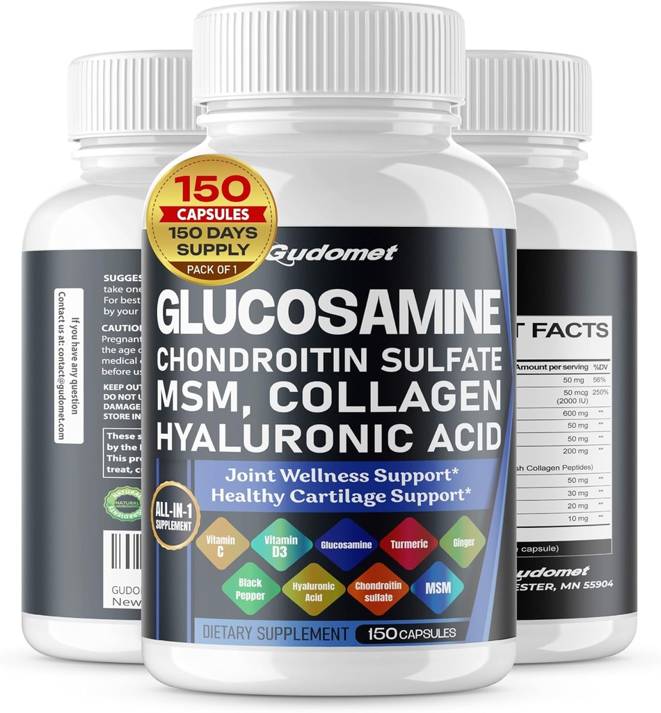 Glucosamine Chondroitin sulfate Methylsulfonylmethane Hyaluronic Acid Turmeric Ginger Vitamin C, D3, Black Pepper -150 Capsules- Made in USA