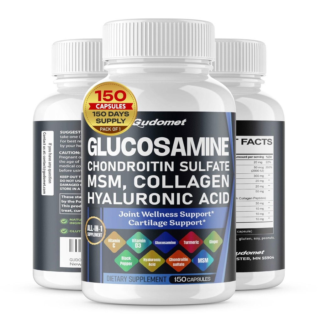 Glucosamine Chondroitin sulfate Methylsulfonylmethane Hyaluronic Acid Turmeric Ginger Vitamin C, D3, Black Pepper -150 Capsules