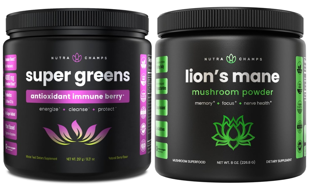 NutraChamps Super Greens Antioxidant & Lion's Mane Powder. Αξιοσημείωτη, Ανοσία και υποστήριξη προσαρμογών