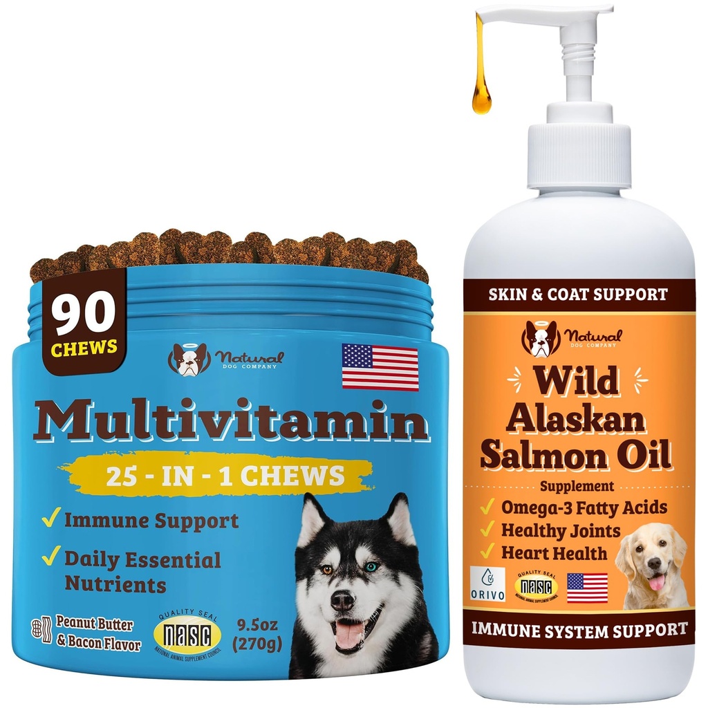 Natural Dog Company Wellness Bundle για σκύλους, λάδι σολομού για σκύλους, πολυβιταμίνη και συμπλήρωμα, Itch Relief