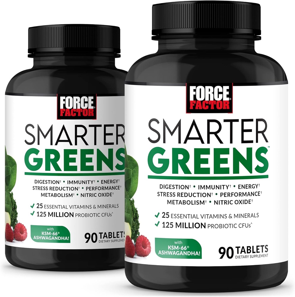 FORCE FACTOR Smarter Greens Tablets, 2- Pack, Πράσινο συμπλήρωμα με 25+ Superfoods και Αντιοξειδωτικά για τη βελτίωση της πέψης, τη μείωση του στρες, την ενίσχυση της ανοσίας, και τον μεταβολισμό υποστήριξης, 180 δισκία