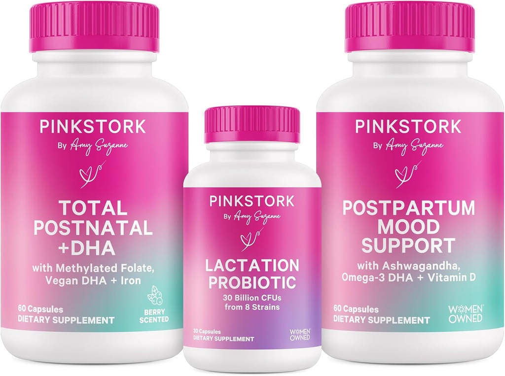 Pink Stork Νέα μαμά Αναγκαίες Bundle: Μεταγεννητική βιταμίνη με DHA και φολικό οξύ, Γαλουχία Προβιοτικό για την προσφορά γάλακτος μαστού + ανοσοποιητική υποστήριξη, Postpartum Mood + Hormone Υποστήριξη, Επιλόχειο Απαραίτητα
