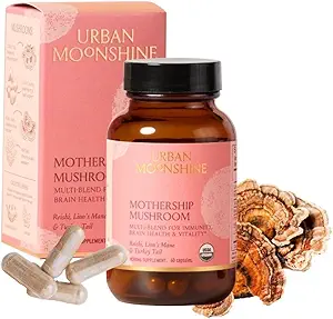 Urban Moonshine Mothership Mushroom - Βότανο συμπλήρωμα για ανοσοποιητική υποστήριξη - με Mane του Λέοντος, Maitake, Turkey Tail & Reishi - Πιστοποιημένο βιολογικό, χωρίς γλουτένη & Vegan - 60 κάψουλες
