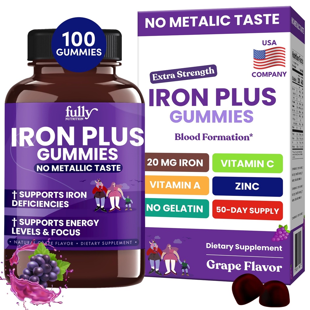 Σιδερένια Gummies Συμπληρώματα για γυναίκες, άνδρες και παιδιά – Υγεία Αίμα & Ενέργεια Υποστήριξη για την έλλειψη σιδήρου, αναιμία, Όχι Μετά τη γεύση- Φρέσκο άρωμα σταφυλιού - 100 Gummies (50 ημέρες προσφοράς)