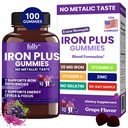 Σιδερένια Gummies Συμπληρώματα για γυναίκες, άνδρες και παιδιά – Υγεία Αίμα & Ενέργεια Υποστήριξη για την έλλειψη σιδήρου, αναιμία, Όχι Μετά τη γεύση- Φρέσκο άρωμα σταφυλιού - 100 Gummies (50 ημέρες προσφοράς)