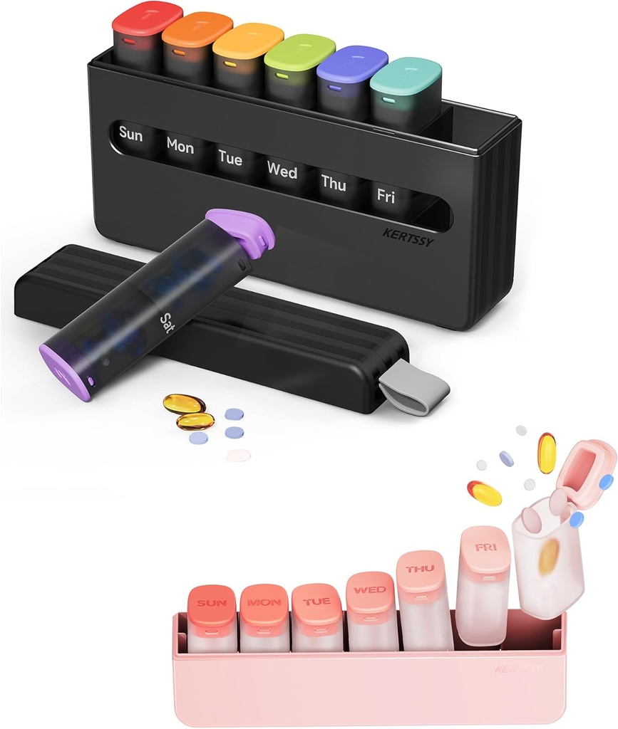 Weekly Pill Organizer Set - 1 Time & 2 Times a Day Pill Boxes, 7-Day Large Medicine Cases for Daily Medication, Vitamins, Supplements, Portable Black & Translucent Black