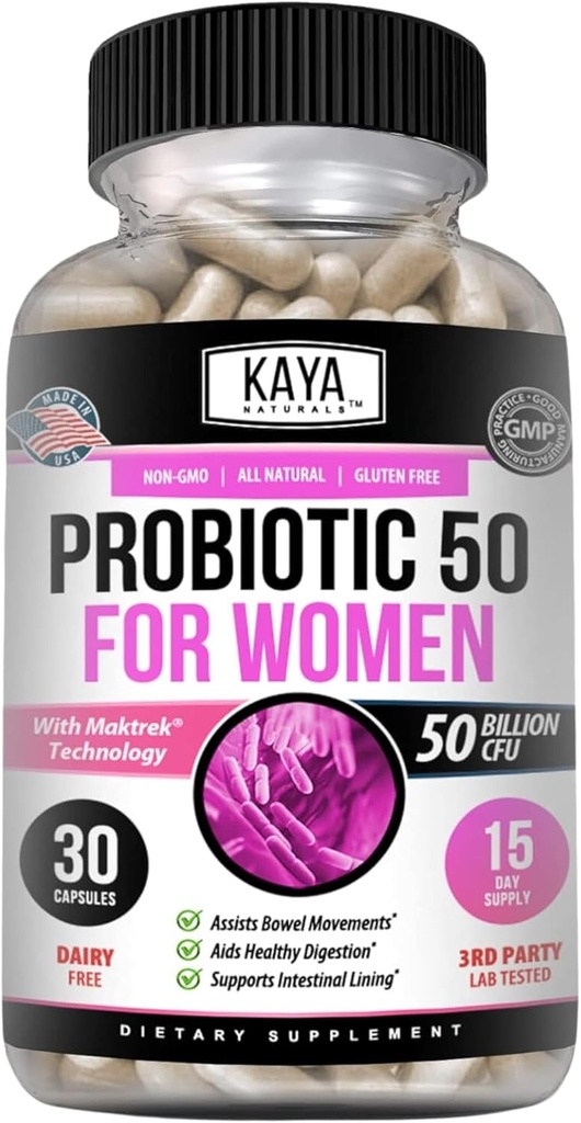Kaya Naturals Probiotic 50 Δισεκατομμύρια CFU - Προβιοτικά για τις γυναίκες, Προβιοτικά για τους άνδρες και τους ενήλικες, Φυσικό - Gut Υγεία & ανοσοποιητικό συμπλήρωμα υποστήριξης - Παρέχει Digestive Υποστήριξη - 30 κάψουλες λαχανικών