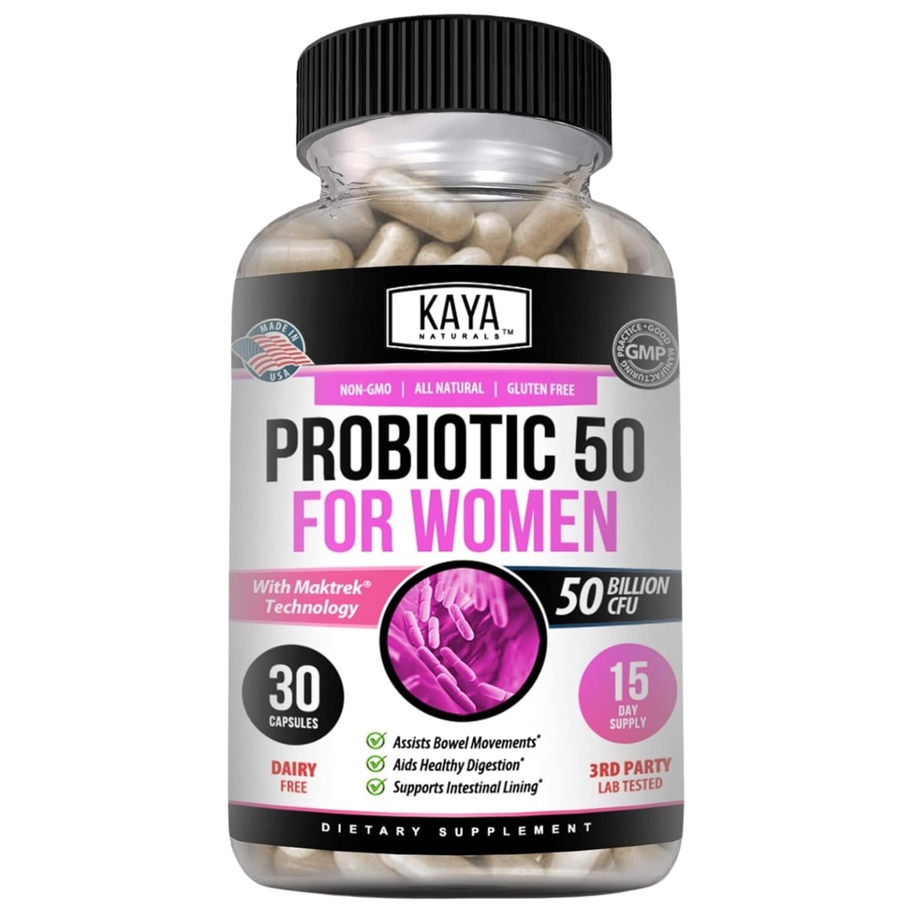 Kaya Naturals Probiotic 50 Δισεκατομμύρια CFU - Προβιοτικά για τις γυναίκες, Προβιοτικά για τους άνδρες και τους ενήλικες, Φυσικό - Gut Υγεία & ανοσοποιητικό συμπλήρωμα υποστήριξης - Παρέχει Digestive Υποστήριξη - 30 κάψουλες λαχανικών
