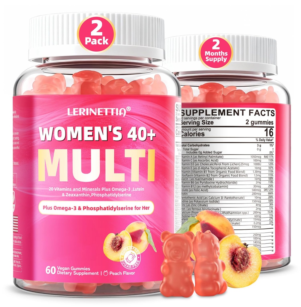Πολυβιταμίνη για γυναίκες Gummies για 40+ με Omega-3, Niacinamide, B-Complex, Lutein, Iron, Choline, Phosphatidylserine, Βιταμίνη D3 για το δέρμα, τα μαλλιά, την ενέργεια, το ανοσοποιητικό, το οστό - Vegan, χωρίς ζάχαρη, 120Cts