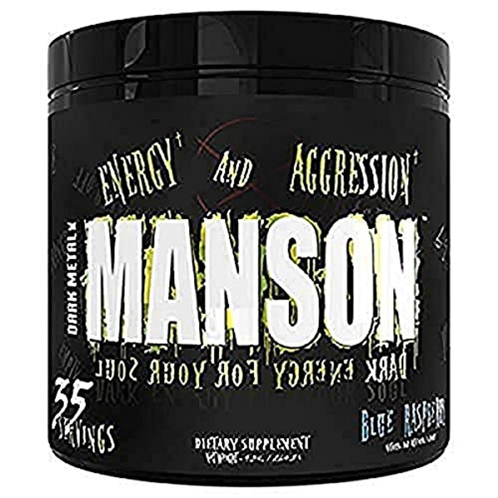 DARK METAL Inc. Manson High Stim Pre Workout Powder, Energy Focus Strength, Φορτωμένο με Beta Alanine L-Carnitine Caffeine Infinergy, 35 Srvgs, Blue Raspberry