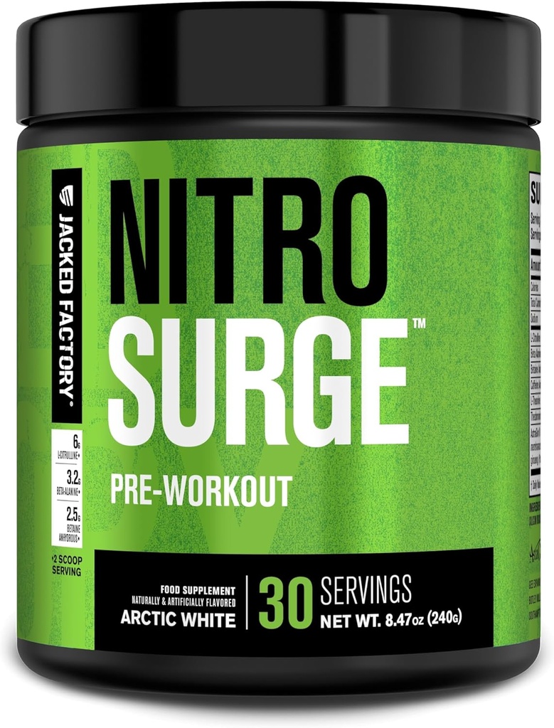 Jacked Factory NITROSURGE Preworkout Supplement - Ατελείωτη Ενέργεια, Άμεση Ενίσχυση Κερδίζει, Καθαρή Εστίαση, Έντονες Αντλίες - ΟΧΙ Booster & Ισχυρή Preworkout Ενέργεια Σκόνη - 30 Υπηρεσίες, Αρκτική Λευκό