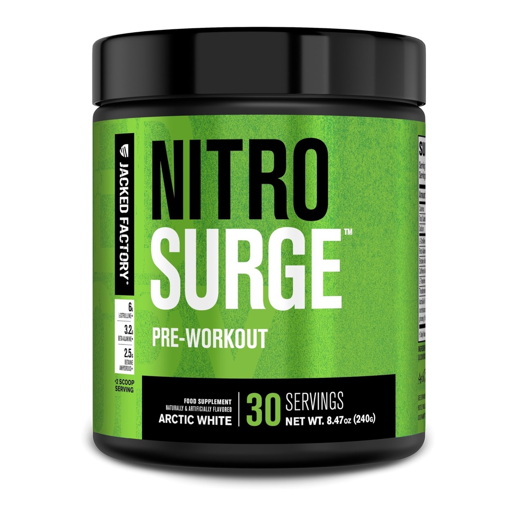 Jacked Factory NITROSURGE Preworkout Supplement - Ατελείωτη Ενέργεια, Άμεση Ενίσχυση Κερδίζει, Καθαρή Εστίαση, Έντονες Αντλίες - ΟΧΙ Booster & Ισχυρή Preworkout Ενέργεια Σκόνη - 30 Υπηρεσίες, Αρκτική Λευκό