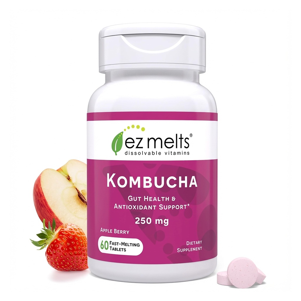 EZ Melts Διαλυτά δισκία χωρίς ζάχαρη Kombucha με SCOBY & Apple Cider Vinegar, Συμπληρώματα Υγείας Εντέρου για άνδρες & γυναίκες, Apple Berry Flavor, 2-Month Supply - 1 Pack