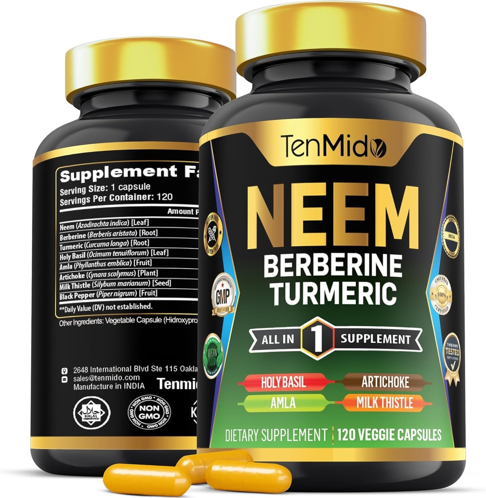 Neem Leaf Supplement - 8in1 Formula - Combine with Berberine, Turmeric, Holy Basil, Amla, Artichoke, Milk Thistle, and Black Pepper - Immune Support - 120 Capsules for 4 Months Supply