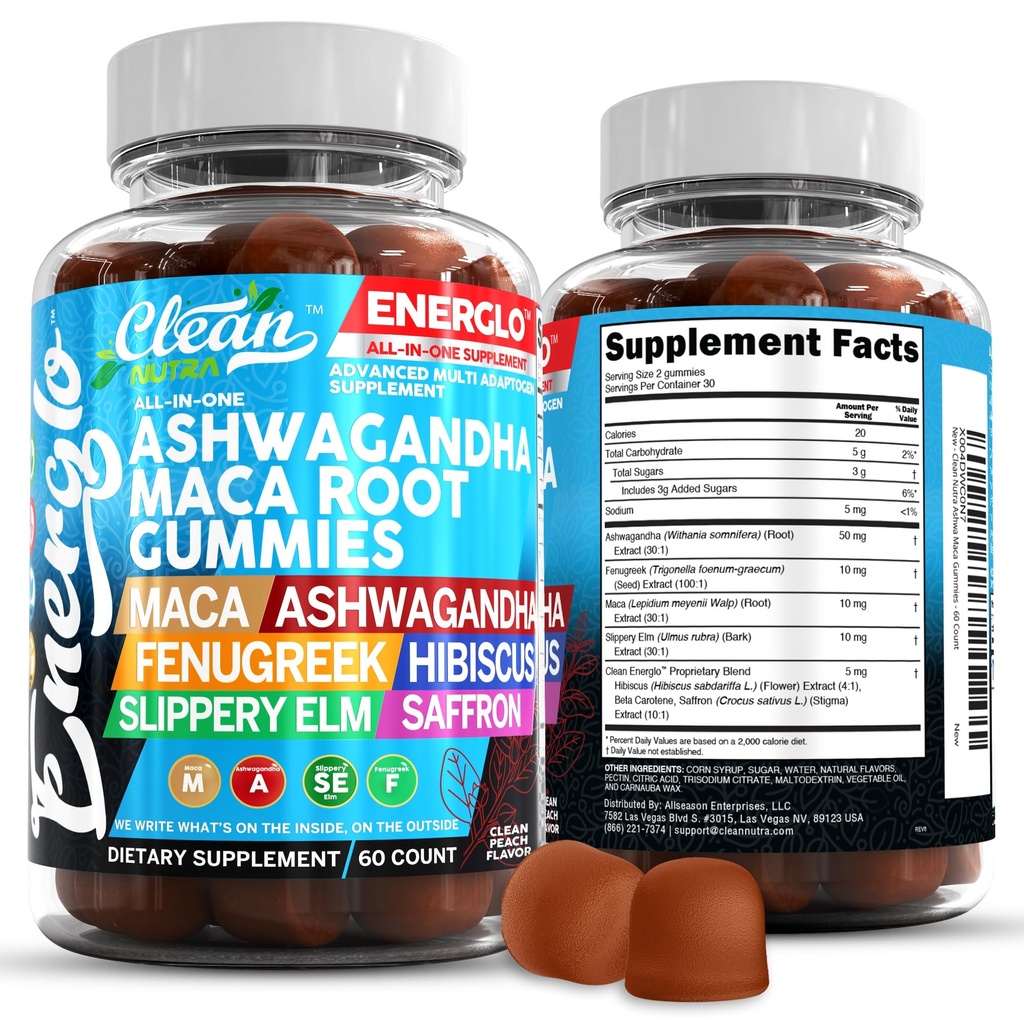 Ashwagandha Maca Root Gummies με Fenugreek Hibiscus Slippery Elm Saffron Extract & Beta Carotene 
