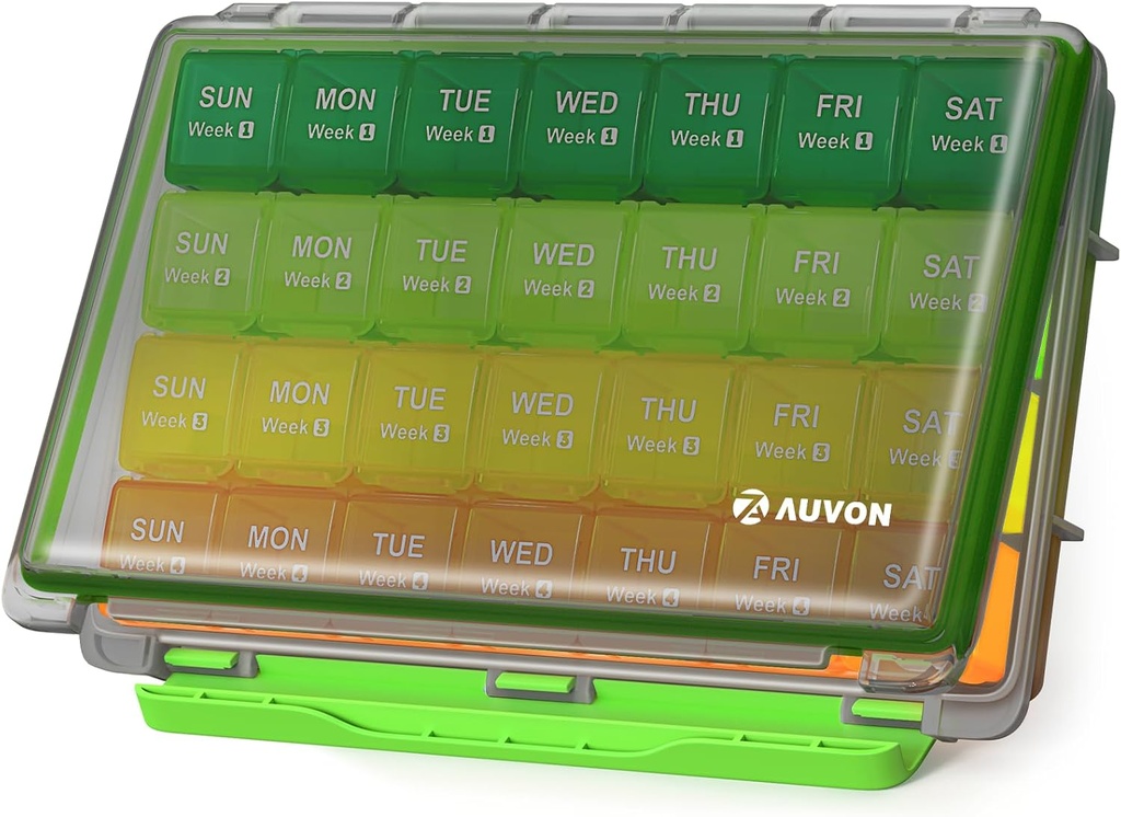 AUVON Moisture-Proof Monthly Pill Organizer, Μεγάλη 28 Ημέρες Pill Box Υπόθεση με Αφαιρούμενη 4 Εβδομάδες Medication Organizer Rows, Travel-Friendly για να αποθηκεύσετε ιχθυέλαια, βιταμίνες, συμπληρώματα, φάρμακα
