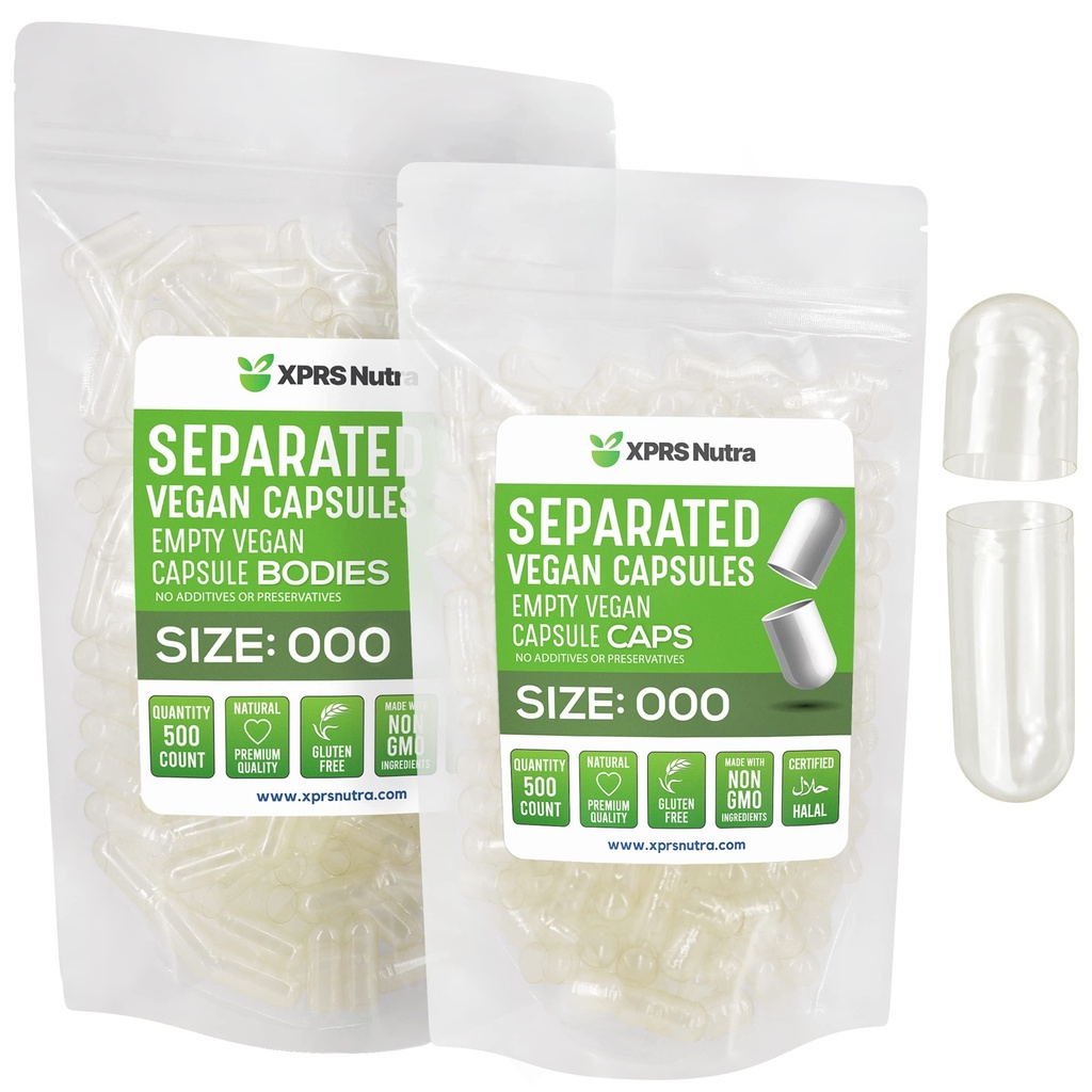 XPRS Nutra Vegan Μέγεθος 000 Χωριστές κάψουλες- 500 Count Premium Κενά καπάκια χωρίζονται σε τσάντες - Καθαρίστε τις κενές κάψουλες - 000 Χάπια για το συμπλήρωμα DIY πλήρωσης