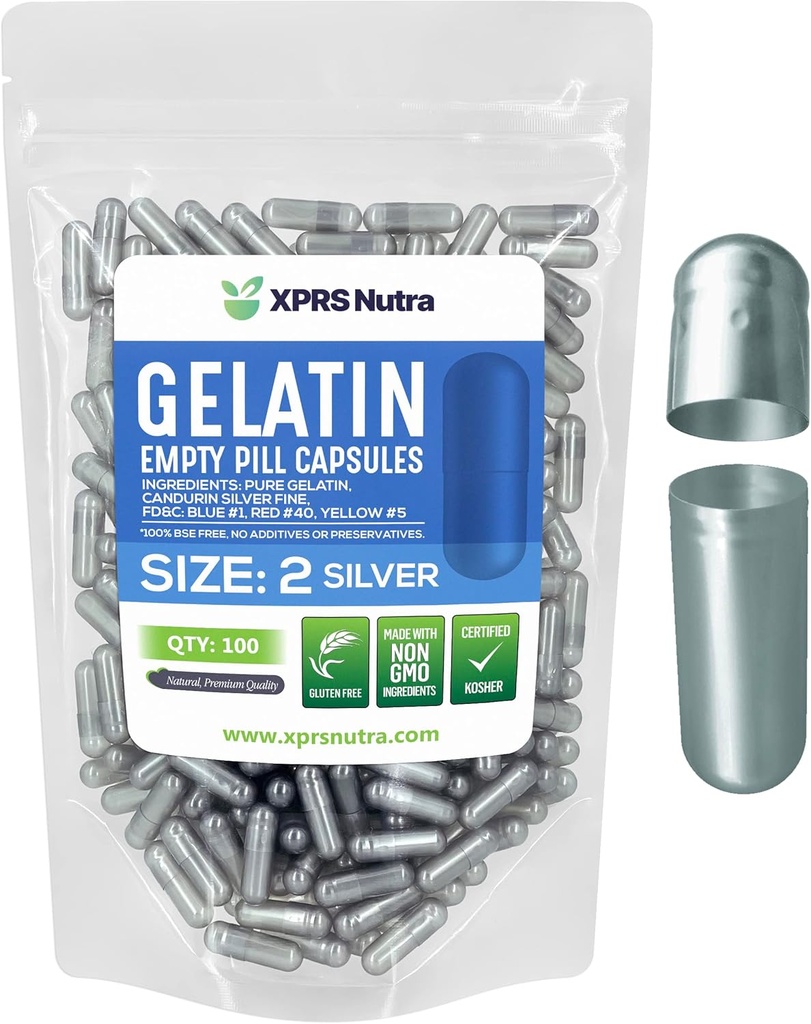 XPRS Nutra Μέγεθος 2 Κενές κάψουλες - 100 Count Empty Gelatin Κάψουλες - Χάπια DIY Καψάκιο Γέμισμα - Αγνά καπάκια τζελ Μπόβιν Χάπια για το Do-It-Yourself Συμπληρώματα (Ασημί)