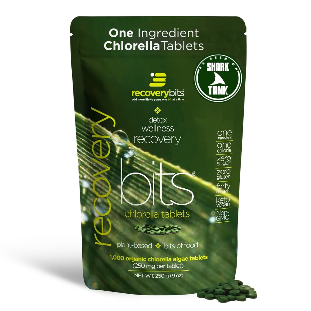 RECOVERYbits - Βιολογικά Δισκία Chlorella - Φυτικές Άλγες Superfood - Χλωροφύλλη - Ρωγμή Τοίχωμα κυττάρων - Ενέργεια - Ανοσοποιητικό Σύστημα - Detox - Keto - Vegan - Μη ΓΤΟ - Μεγάλη Τσάντα - 1000 Tabletισκία