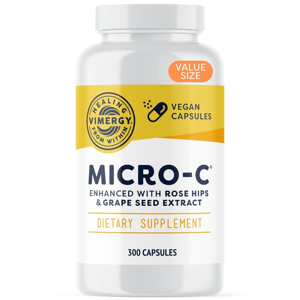 Vimergy Micro-C® Vitamin C Κάψουλες – 500mg ανά καψάκιο, Υποστηρίζει την Ανοσολογική Υγεία*, προωθεί την παραγωγή κολλαγόνου, υποστηρίζει υγιή οστά*, Kosher, Vegan & Gluten-free, Μέγεθος αξίας 300 κάψουλες