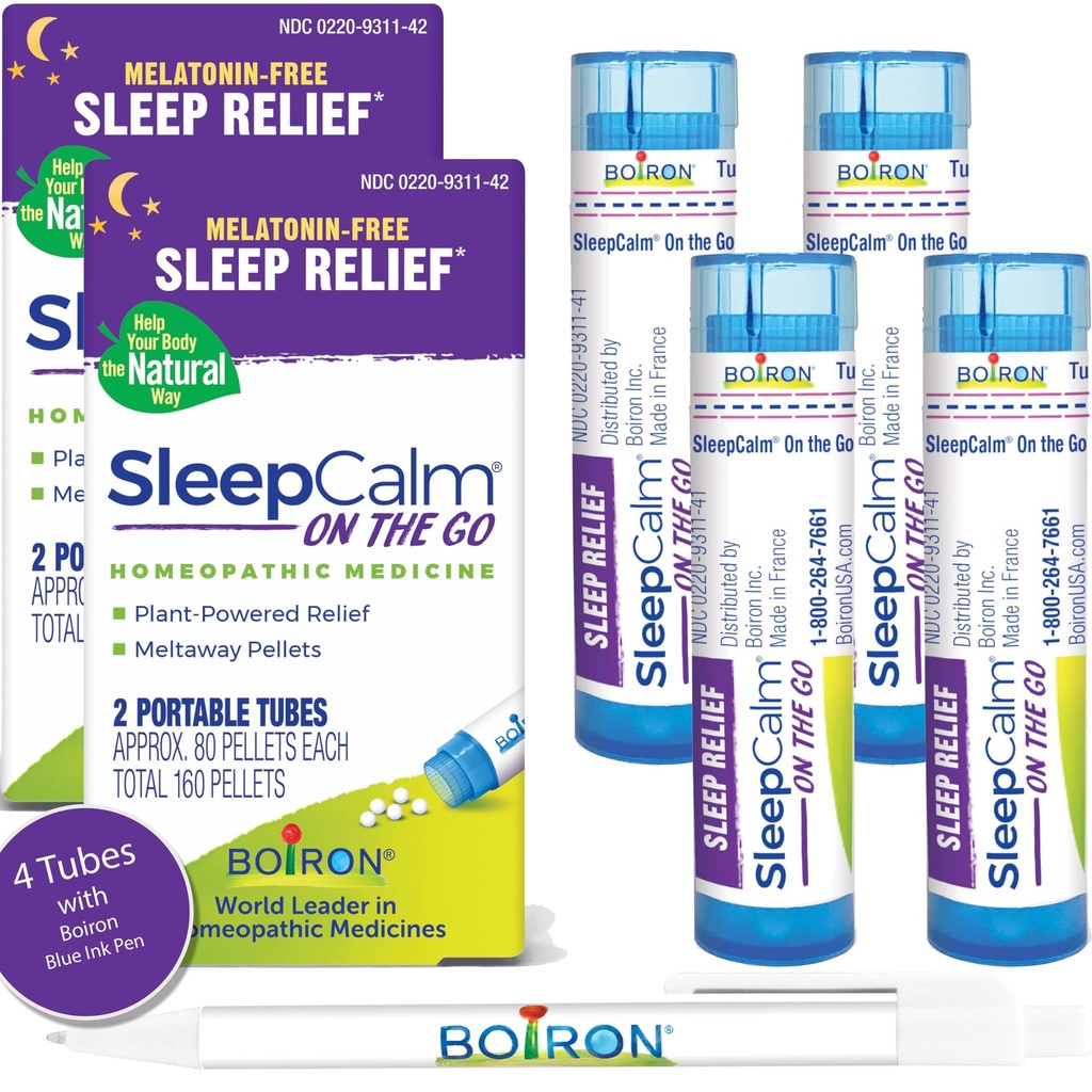Boiron SleepCalm On The Go Sleep Aid for Deep, Relaxing, Restful Nighttime Sleep - Melatonin-Free και Non Habit-Forming - 80 Count per Tube - 4 Tubes with Blue Pen