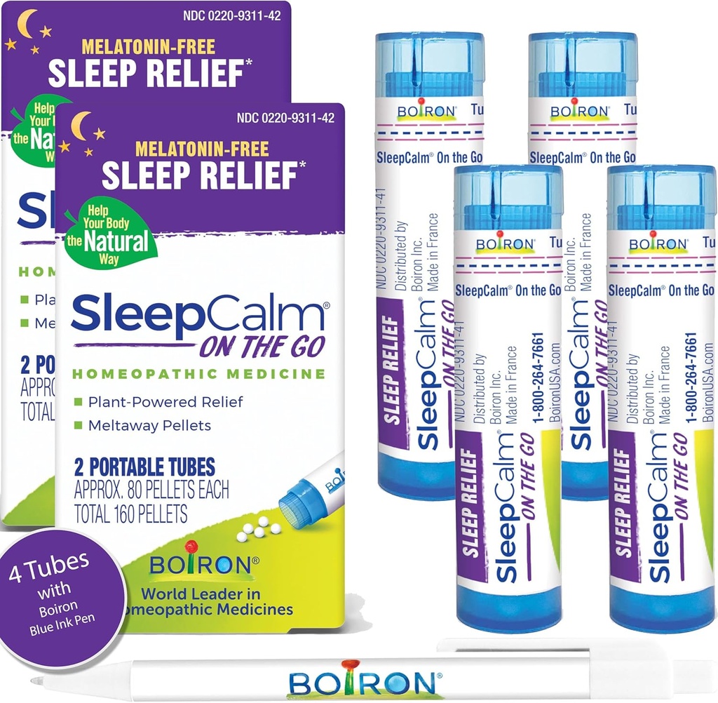 Boiron SleepCalm On The Go Sleep Aid for Deep, Relaxing, Restful Nighttime Sleep - Melatonin-Free and Non Habit-Forming - 80 Count per Tube - 4 Tubes with Blue Pen