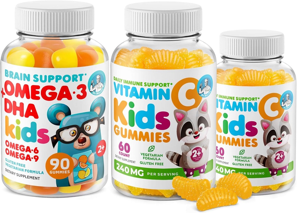 Omega-3 DHA Gummies & Βιταμίνη C Gummies for Kids & Adults – Ανοσοποιητική Υποστήριξη, Χαμηλή Ζάχαρη, Ζελατίνη-Δωρεάν, Χορτοφαγικές, Μασώμενες Βιταμίνες για Τόντλερς