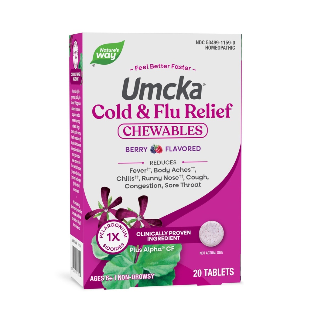 Ο Δρόμος της Φύσης Ψυχρό+Flu Ανακούφιση, Umcka, Σύντομη Διάρκεια και μειώνει τη σοβαρότητα, Πολυ-Συμπτώματα Ανακούφιση, Ομοιοπαθητικά, Φαινυλεφρίνη Χωρίς, Μη-Νύχτα, Berry Γεύση, 20 Μασώμενα δισκία (Packaging May Vary)