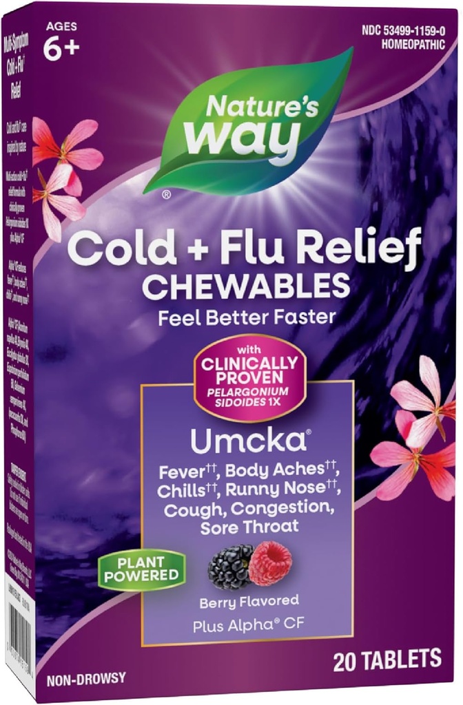 Nature's Way Cold+Flu Relief, Umcka, Shortens Duration and Reduces Severity, Multi-Symptom Relief, Homeopathic, Phenylephrine Free, Non-Drowsy, Berry Flavored, 20 Chewable Tablets (Packaging May Vary)