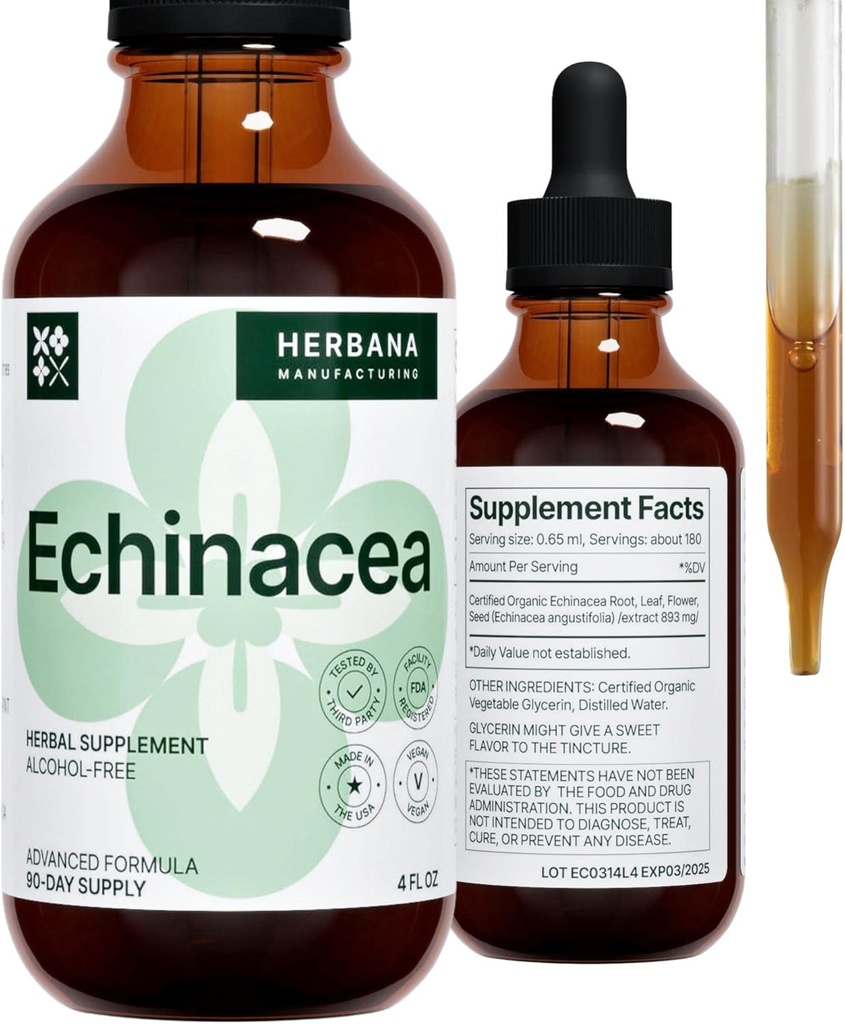 Echinacea 4 fl oz Liquid Extract - Βιολογική Ρίζα, Φύλλο, Λουλούδι, Σπόροι - Φυσικό συμπλήρωμα βοτάνων - Σώμα, ανοσοποιητικό σύστημα Υποστήριξη Βάμμα - Σταγόνες υψηλής ισχύος - 90-Ημέρες προσφοράς - Οικογενειακό μέγεθος