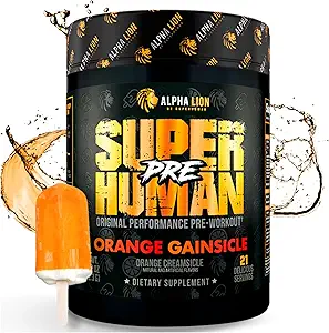 ALPHA LION Superhuman Preworkout Powder, Beta Alanine, L-Taurine & Tri-Πηγή Καφεΐνη για Παρατεταμένη Ενέργεια & Εστίαση, Nitric Oxide & Κιτρουλίνη για Αντλία (21 σερβιέτες, Orange Gainsicle)