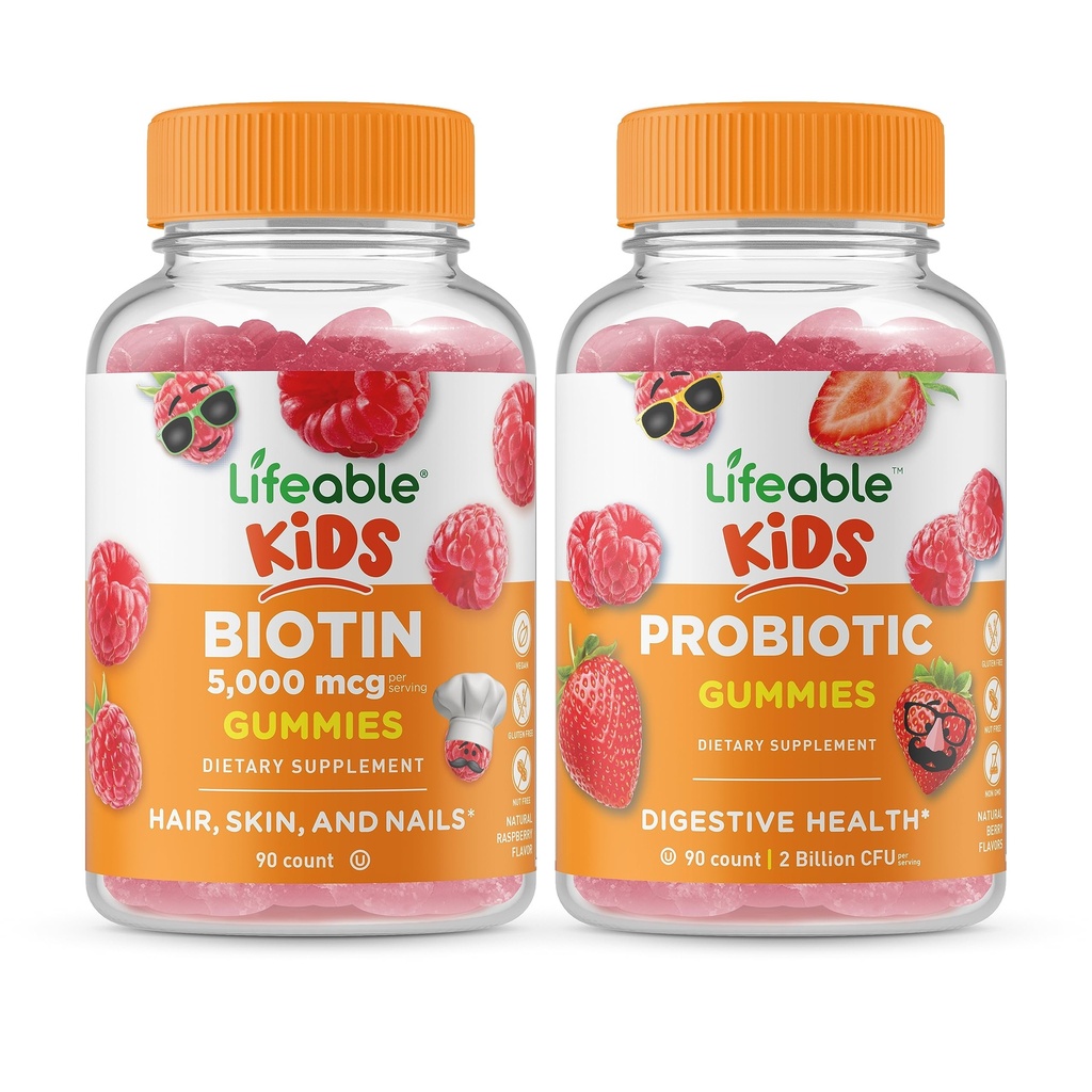 Lifeable Biotin Kids + Probiotic 2 Billion CFU Kids, Gummies Bundle - Great Tasting, Vitamin Supplement, Gluten Free, GMO Free, Chewable Gummy