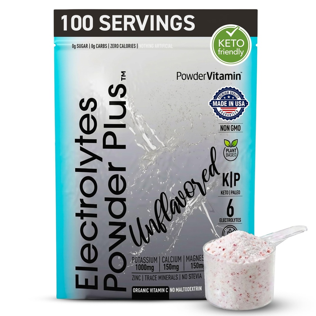 PowerVitamin Άγευστη σκόνη ηλεκτρολυτών Όχι Ζάχαρη για την Καθημερινή Ενέργεια - Keto Electrolytes - Ενυδατική σκόνη με 1000mg Κάλιο, 120mg Ασβέστιο, Μαγνήσιο, Όχι Stevia, 100 εξυπηρετούν