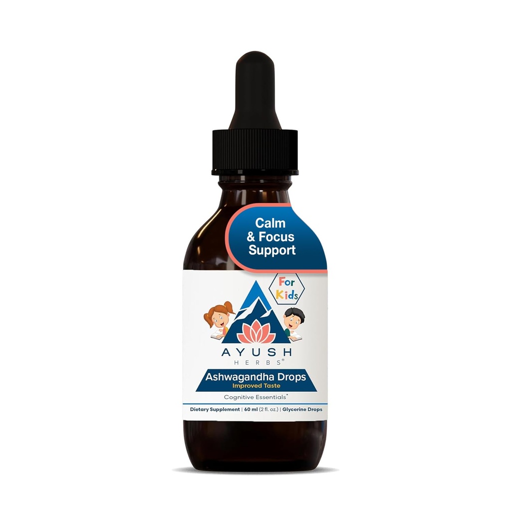 Ayush Herbs Ashwagandha Drops for Kids & Adults - Alcohol-Free Ashwagandha Drops, Calming Daily Supplement for Calm Focus with Organic Ashwagandha, Lemon Flavor - 2 Fl Oz (80 Servings)
