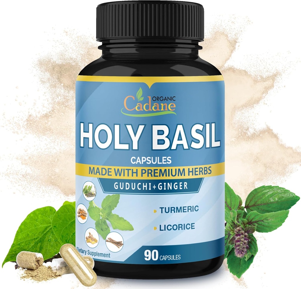 Βιολογικό Cadane Holy Basil Συμπληρώματα κάψουλες, 5in1 με Guduchi, Ginger, Turmeric Curcumin, Licorice - Υποστήριξη ανοσοποιητικών - 90 κάψουλες για 3 μήνες