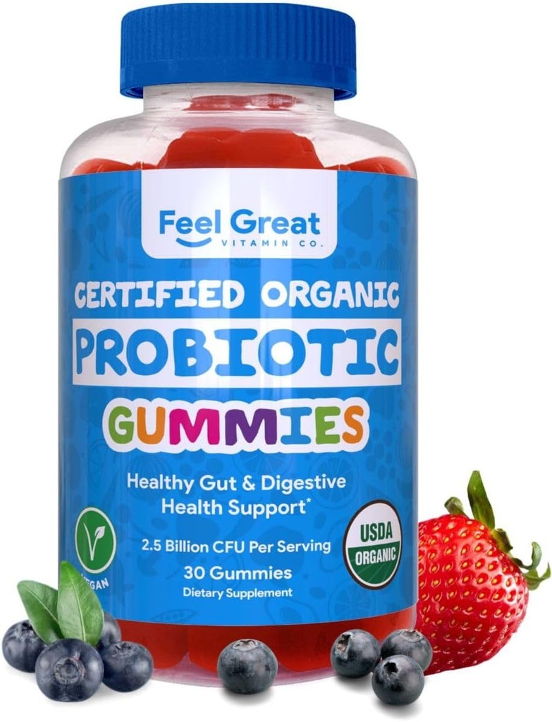 Feel Great USDA Probiotic Gummies for Adults and Kids - 2.5 Billion CFU (30 Day) | Immune Support and Digestive Health | Clinically Studied DE111 - Bacillus subtilis