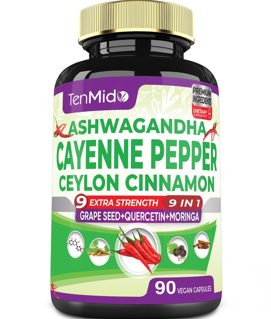 Cayenne Pepper Supplements Capsules, 3 Months Supply & Ashwagandha, Ceylon Cinnamon, Grape Seed, Quercetin, Moringa, Ginkgo Biloba - Heart Wellness, Promotes Digestive Health -90 Caps