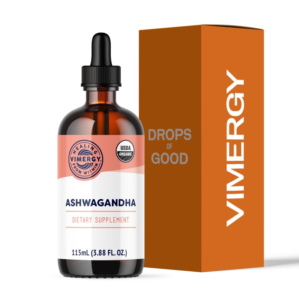 Vimergy USDA Organic Ashwagandha Liquid Extract, 57 σέρβις – συμπλήρωμα στρες σταγόνες – Adaptogen - Υποστηρίζει Γνωστική λειτουργία – Υποστήριξη ύπνου – Χωρίς αλκοόλ, μη ΓΤΟ, Vegan & Παλαιό Φιλικό (115 ml)