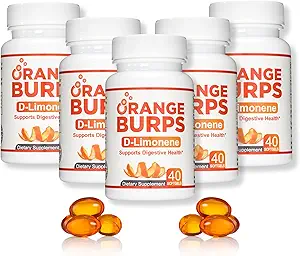 Orange Burps | D-Limonene Supplement - Acid Reducer (Antacid for Acid Reflux), Heartburn Relief, GERD Relief, and Indigestion Relief | Orange Peel Extract for Health and Wellness (1,000 mg, Pack of 5)