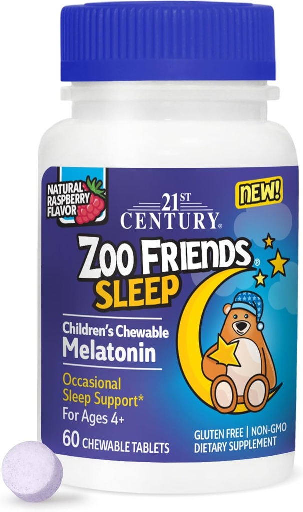 21st Century Zoo Friends Sleep Chewable Melatonin, Raspberry Flavor, 60 Count